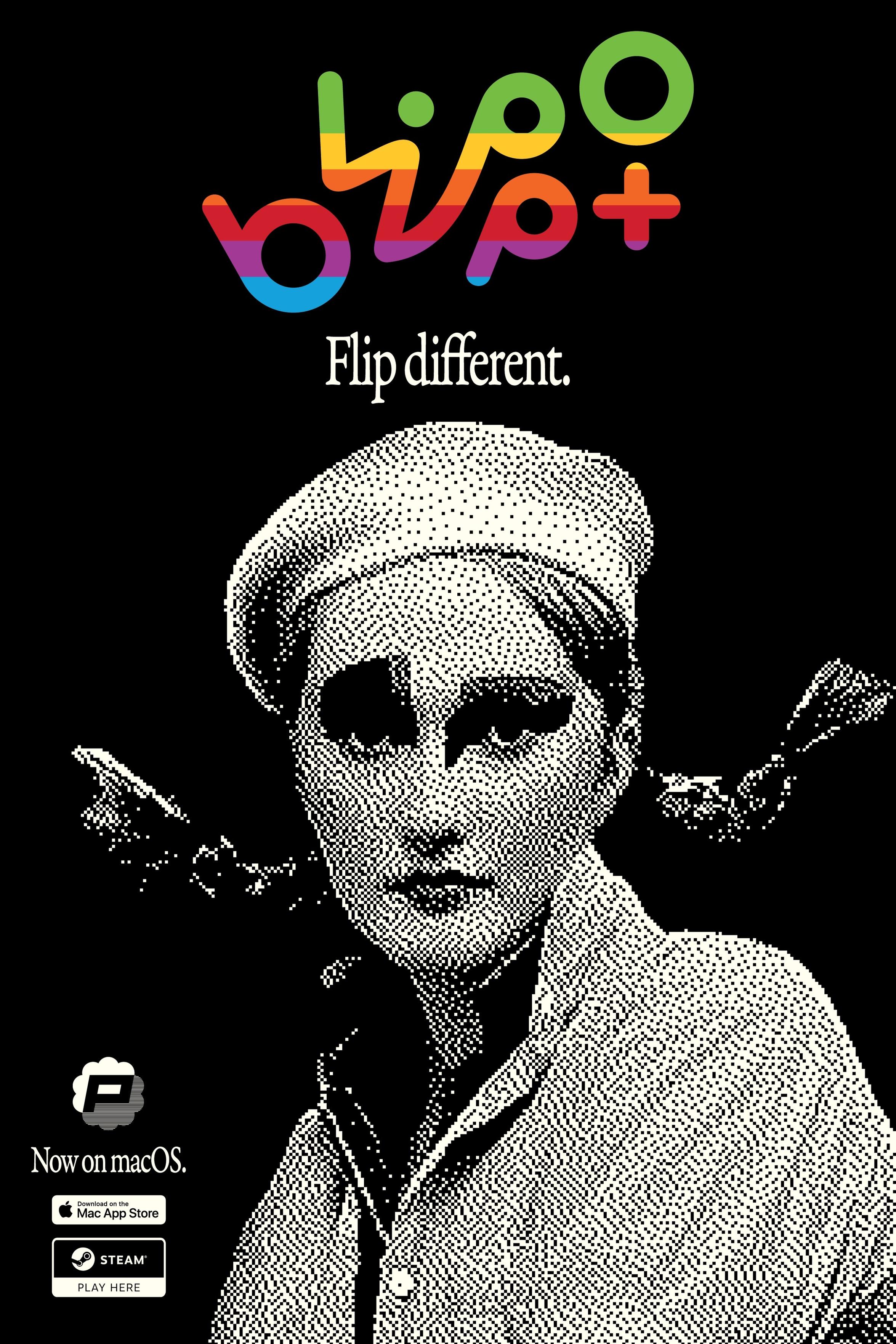 An artistic black and white pixel image featuring a stylized portrait of a person with a beret and pigtails. The top has Apple-logo-colored text reading “Blippo+" and the tagline "Flip different." It promotes availability on macOS with logos for the Mac App Store and Steam.